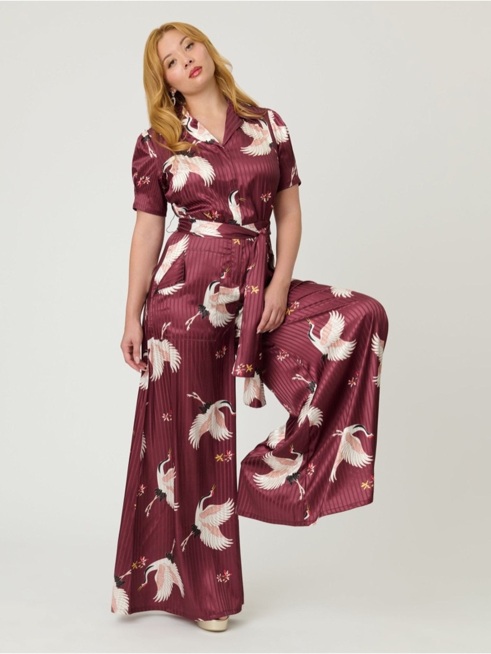 Unique Vintage Burgundy & White Cranes Flare Jumpsuit